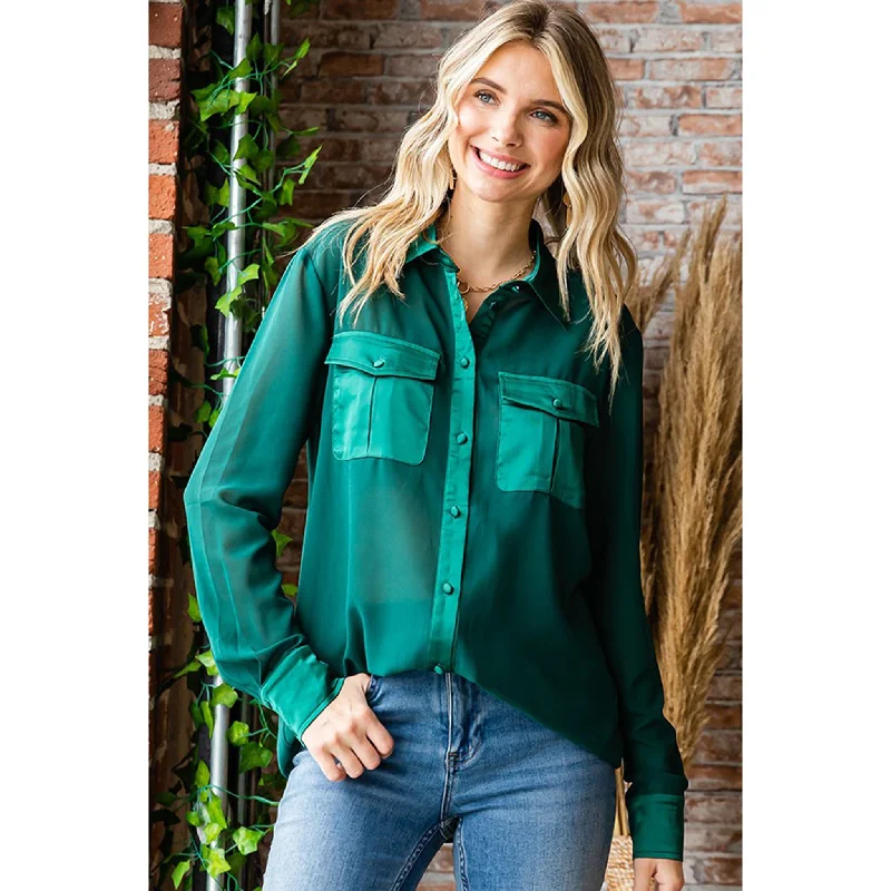 Fresh And Natural Women's Hunter Green Sheer Pocket Long Sleeve