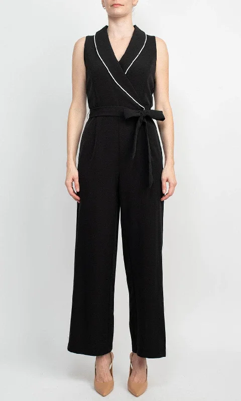 Cute Style Tahari TD001031 - Collared V-Neck Scuba Jumpsuit