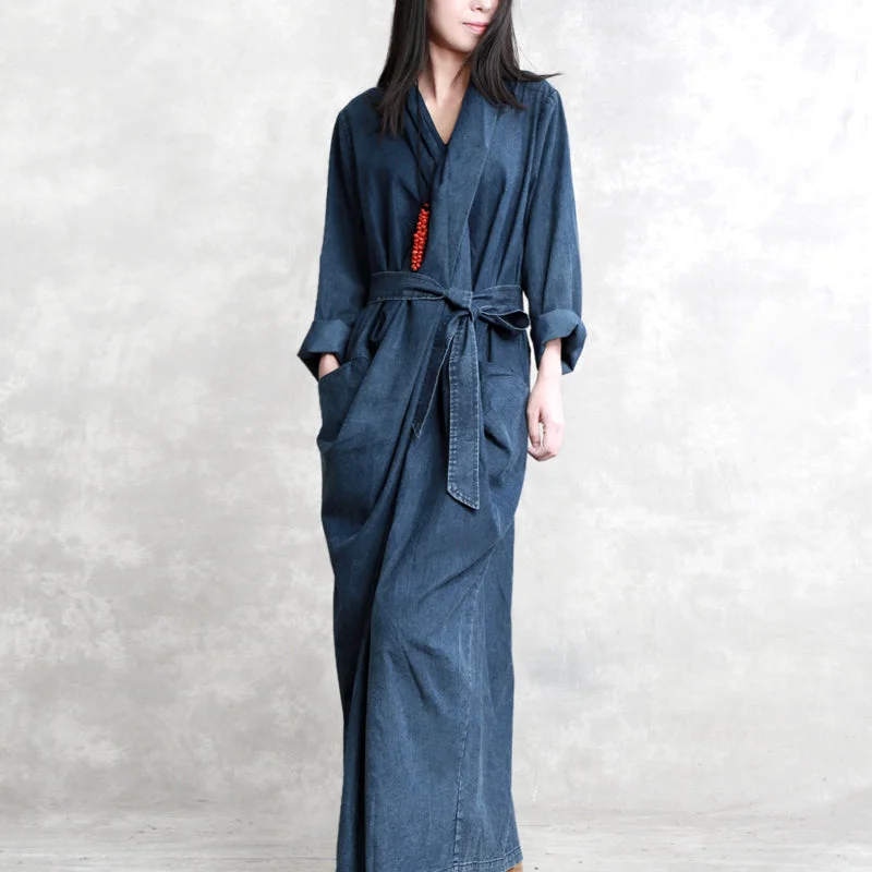 Sexy Fun fine denim blue 2018 fall dress casual v neck tie waist traveling dress 2018 long sleeve back side open long dresses Sexy Fun fine denim blue 2018 fall dress casual v neck tie waist traveling dress 2018 long sleeve back side open long dresses