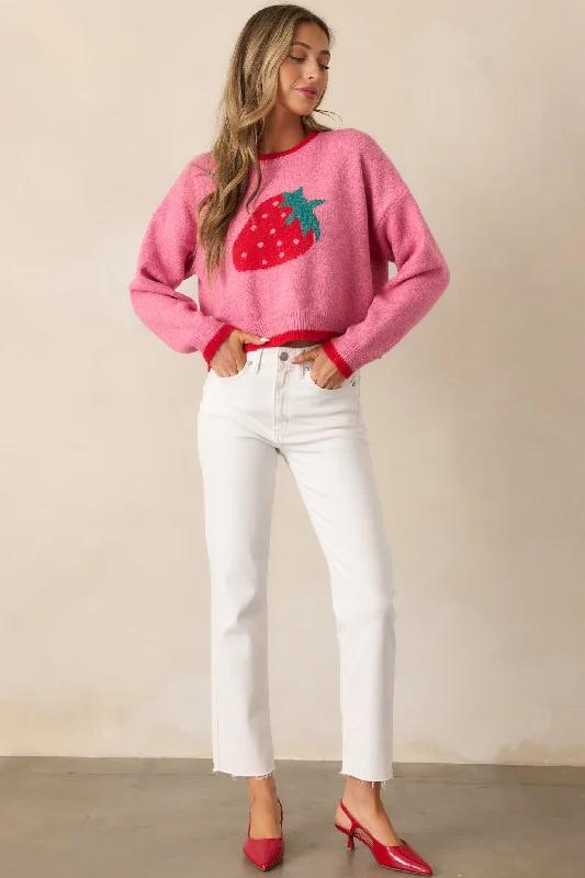 Ethnic Style Strawberry Picking Pink Cropped Long Sleeve Sweater