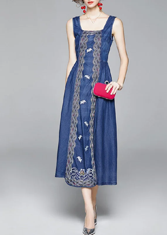 Organic Blue Cinched Embroideried zippered Spaghetti Strap Cotton Denim Dress Spring