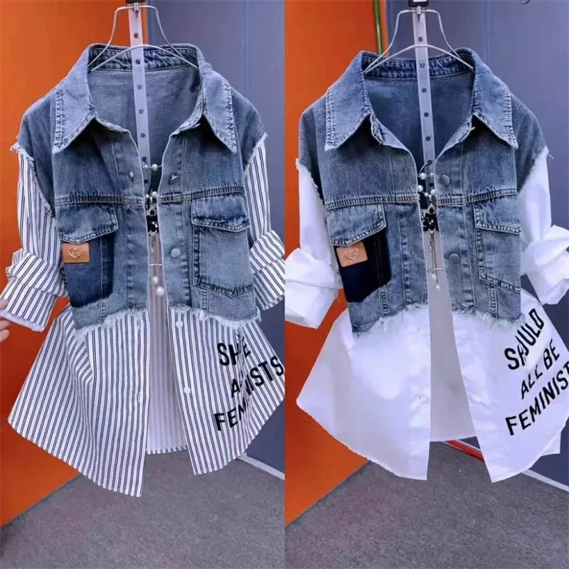 Casual And Versatile Women Denim Jacket Fake Two Denim Shirts 2024 New Spring Summer Autumn Casual Fashion Joker Stitching Striped Tops Coat Female