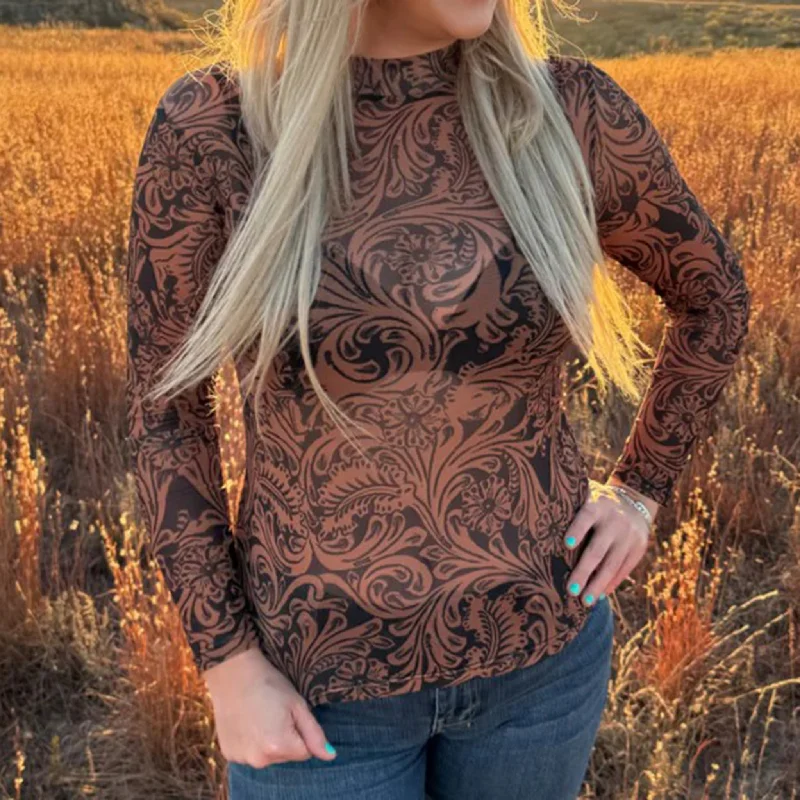 Elegant Tailoring County Road Leather Print Sheer Long Sleeve Top