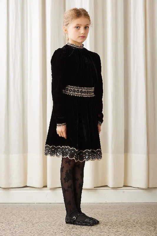 Embroidered Letters AW3066B-Velvet Skirt with Metalic Lace-Black/Gold