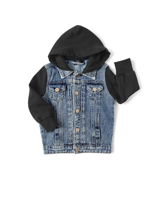 Thin Design Hooded Denim Jacket - Black
