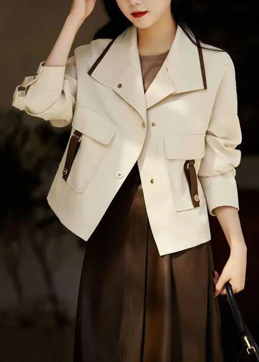 Low-key Luxury Stylish Beige Peter Pan Collar Pockets Patchwork Cotton Coats Fall