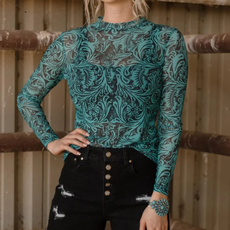 Low-key Luxury Tooled in Turquoise Mesh Long Sleeve