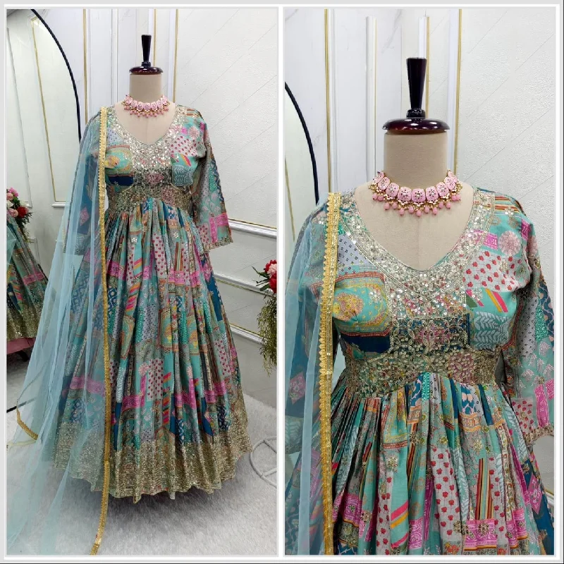 Blue Chinnon Silk Aliya Cut Designer Anarkali Suit