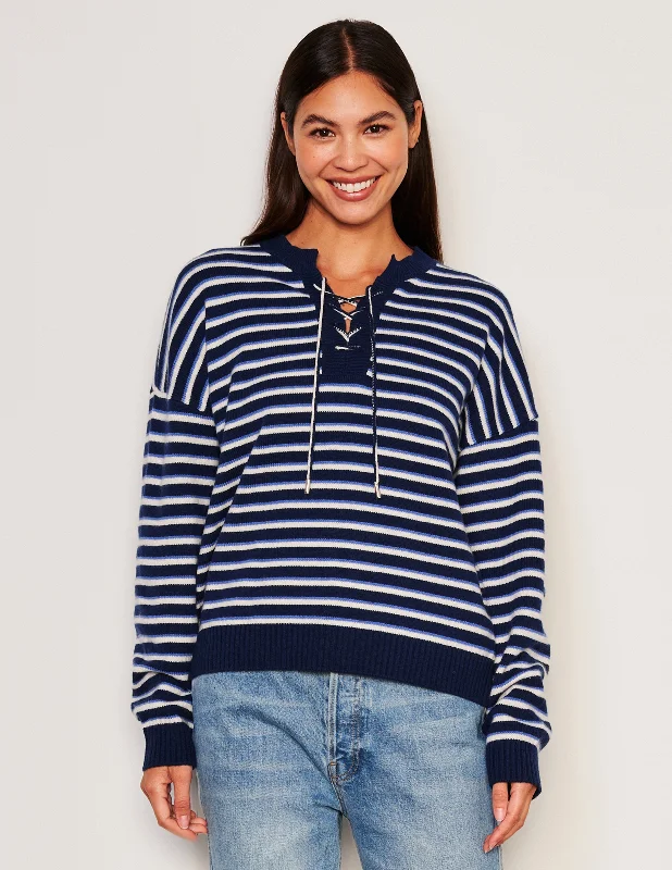 Simple And Comfortable Sundry Stripes Lace Up Sweater in Oyster