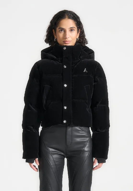 Outdoor Trend Velvet Eiffel Cropped Puffer Jacket - Black
