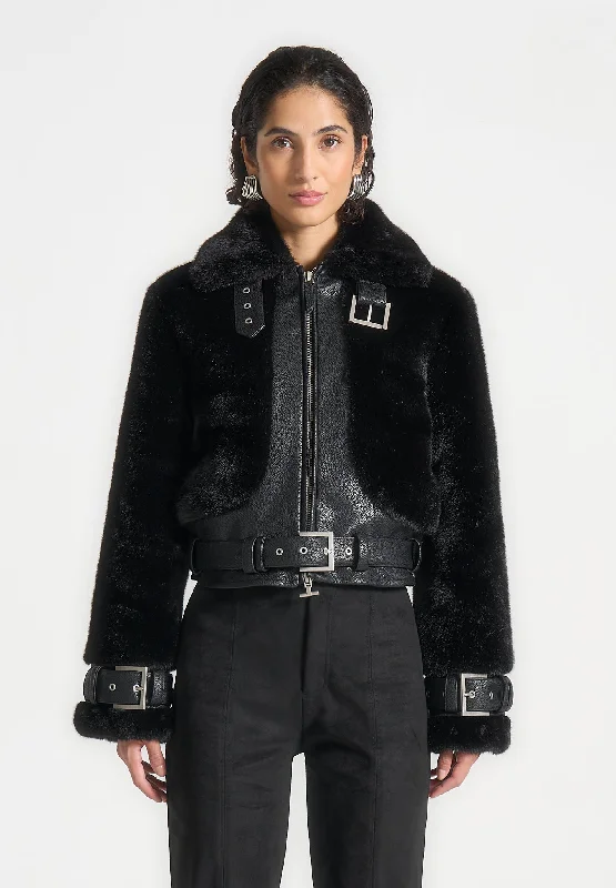 Trendy Items Plush & Leather Belted Jacket - Black