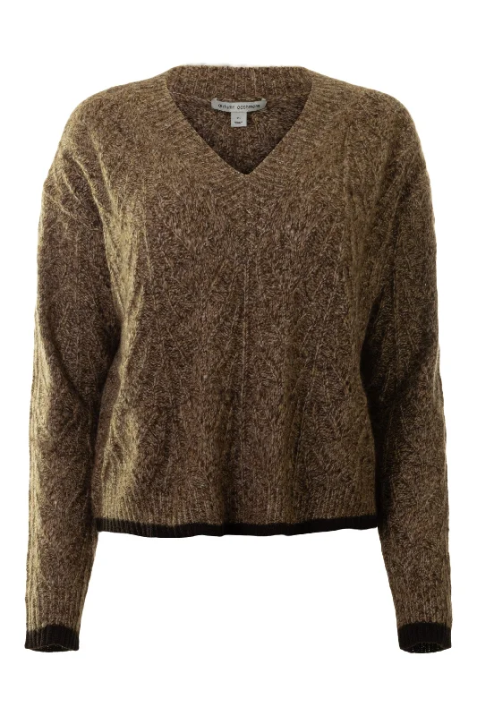 Lazy Style Autumn Cashmere Boxy Shell Stitch Tipped V-neck Sweater in Brownstone Combo
