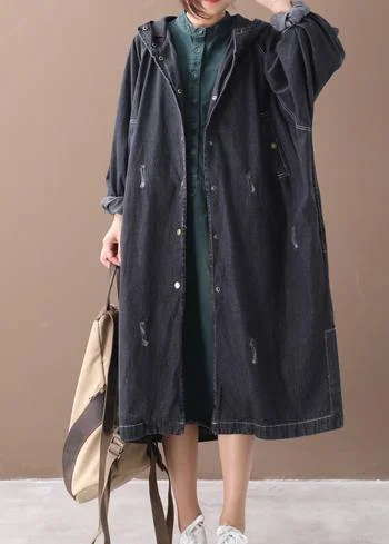 Romantic And Fresh French denim black Fine coat for woman Shape hooded Hole outwears Romantic And Fresh French denim black Fine coat for woman Shape hooded Hole outwears