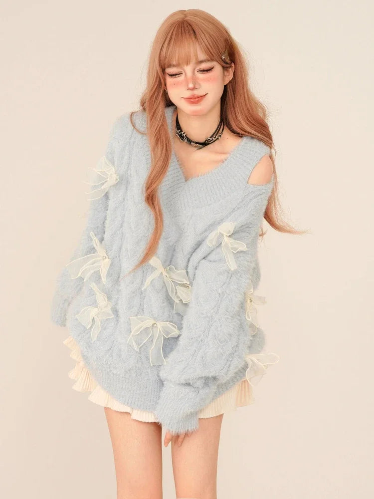 Unique Design Bow Cut Out Fluffy Sweater