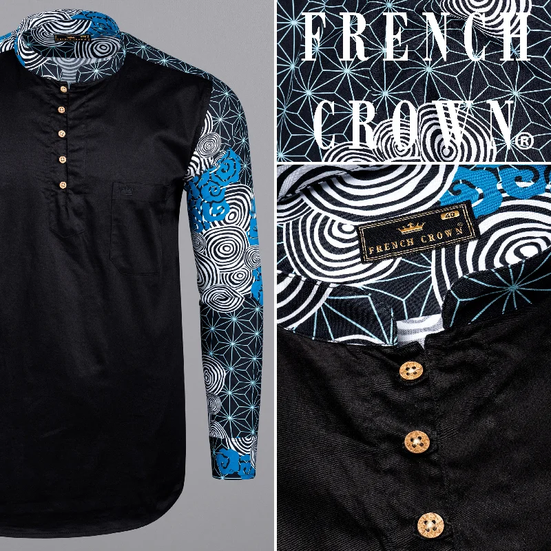 Denim Design Jade Black with Galactic Printed sleeves and Collar Premium Cotton Kurta Shirt