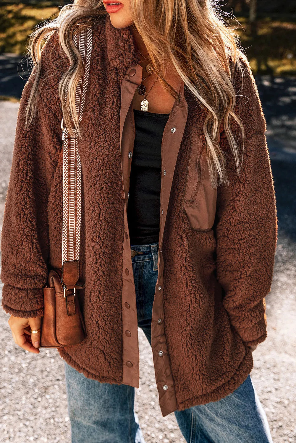 Fashion Elements Fuzzy Snap Down Dropped Shoulder Jacket