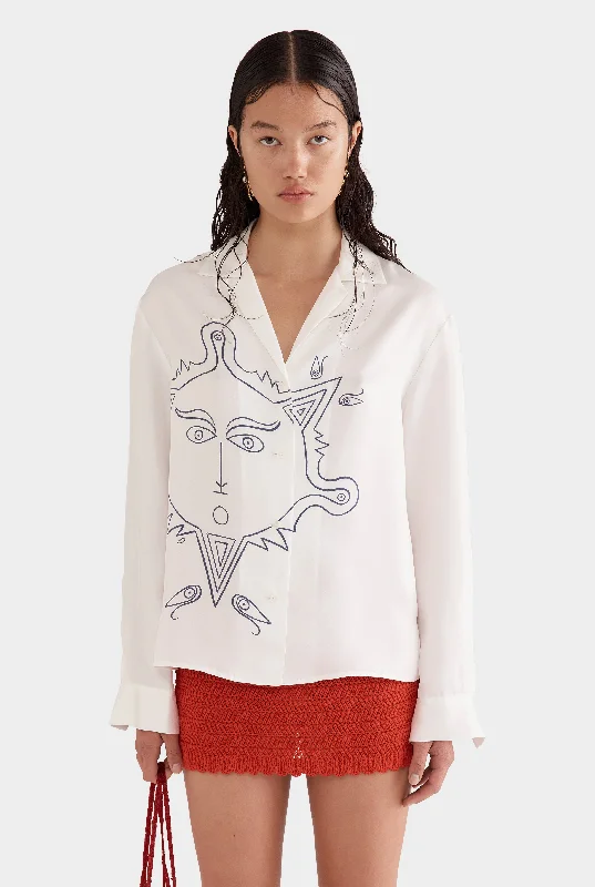 Dessert Matching Printed Long Sleeve Camp Collar Silk Shirt - Off White/Soleil Et Mer Scene