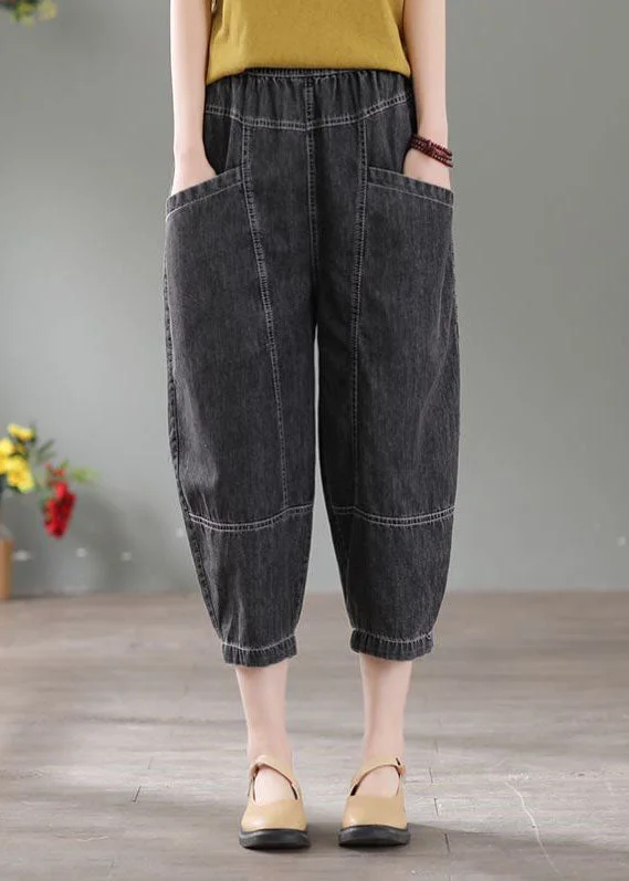 Denim Grey Patchwork Cotton Crop Pants High Waist Pockets Summer