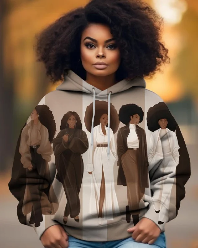Noble Temperament Black Girl Color Blocking Fashion Art Print Women's Hoodie