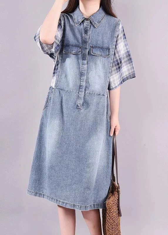 Double-sided Wear Women cotton quilting clothes Fine Plaid Spliced Denim Fake Two Piece Dress Double-sided Wear Women cotton quilting clothes Fine Plaid Spliced Denim Fake Two Piece Dress
