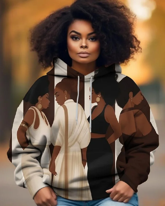 Design Perception Black Girl Contrasting Striped Artistic Printed Hoodie