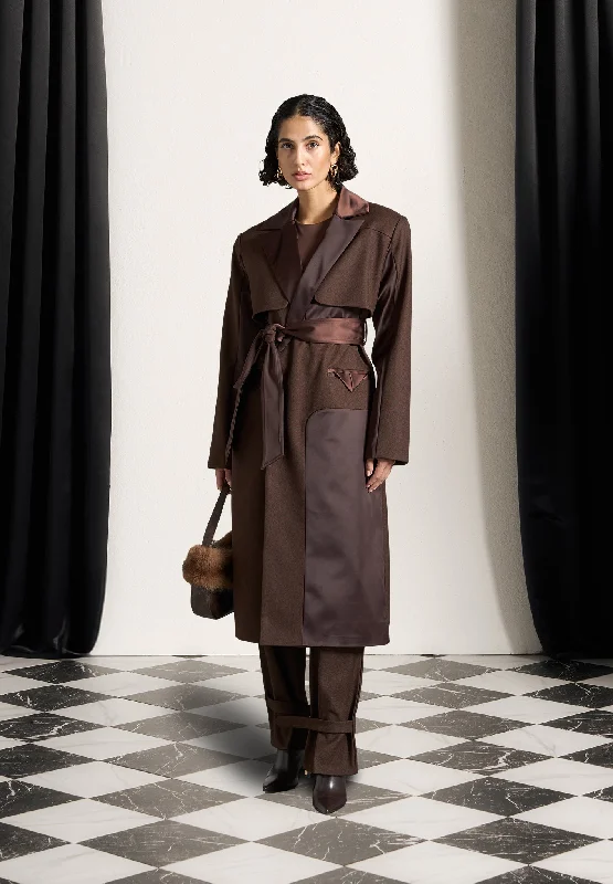 Classic Tailored Satin Trench Coat - Brown
