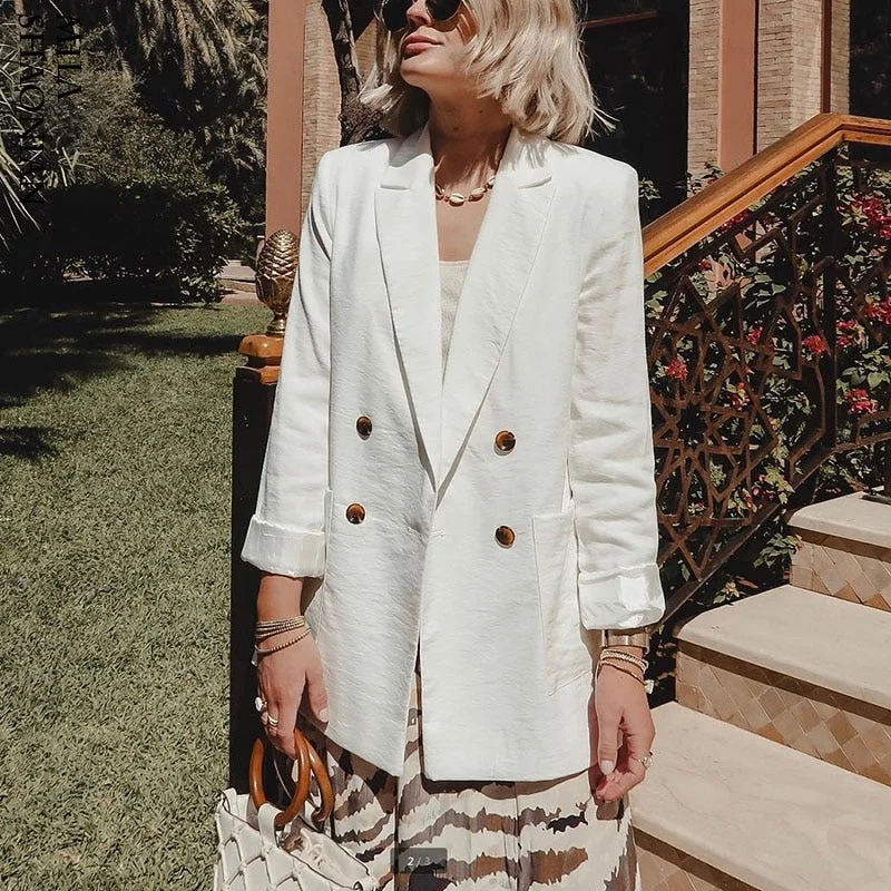 WOTWOY Double Breasted White Black Blazer Female Long Sleeve Office Ladies Blazer 2019 Autumn Jacket Women Outerwear Suit Coats