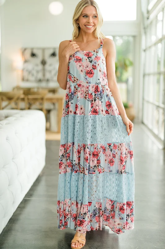 Comfortable And Casual Get Going Light Blue Mixed Print Maxi Dress