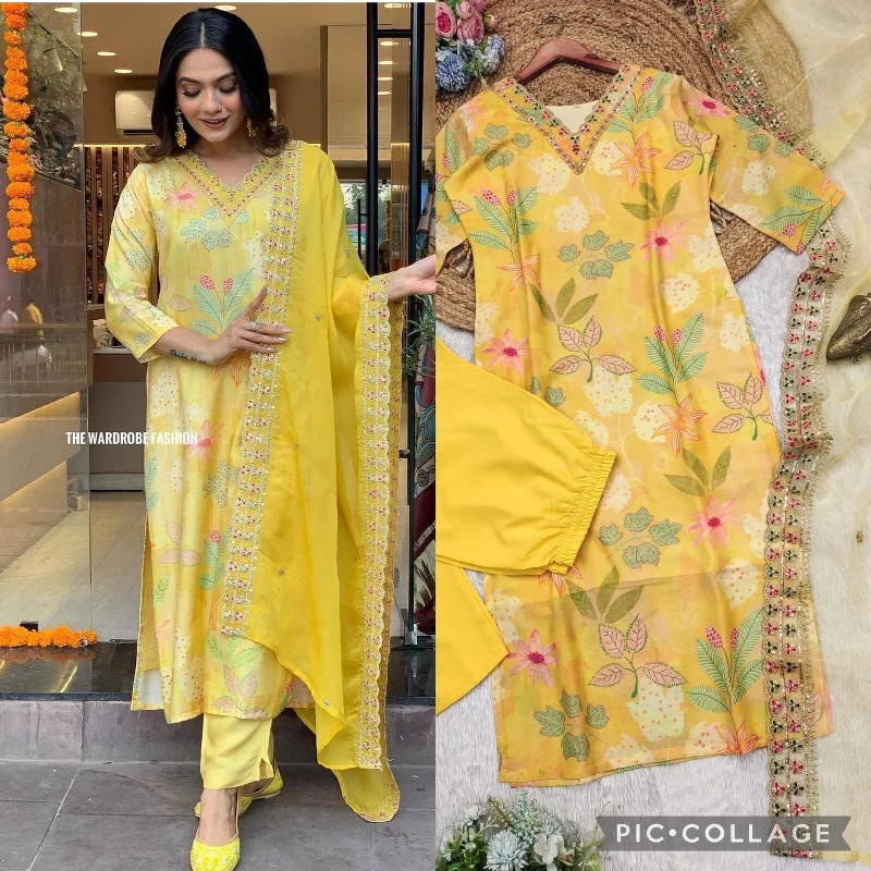 Premium Masleen Silk Yellow Printed Designer Suit