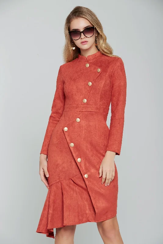 Classic Mandarin Orange Gold Button-up Midi Dress