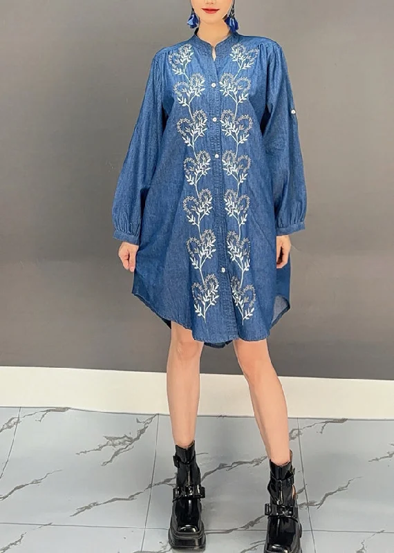 British Fashion Boutique Blue Stand Collar Print Button Denim Shirts Spring