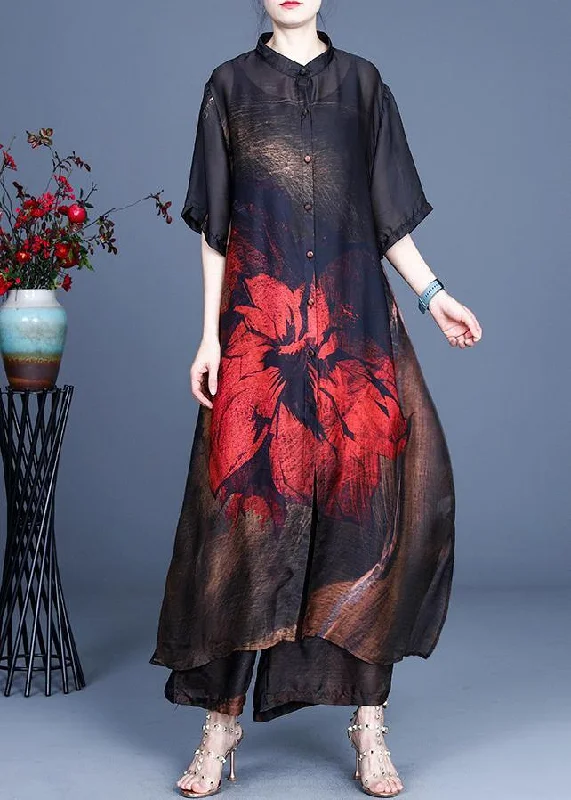 Unique Design Summer Large Red Print Vintage Coat + Wide Leg Pants Two Piece Set