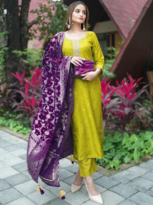 Green Self Design Silk Straight Suit With Dupatta