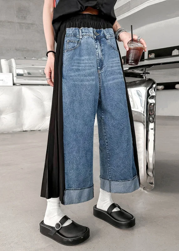 Denim Design Modern Blue Wrinkled Elastic Waist Patchwork Denim Crop Pants Fall