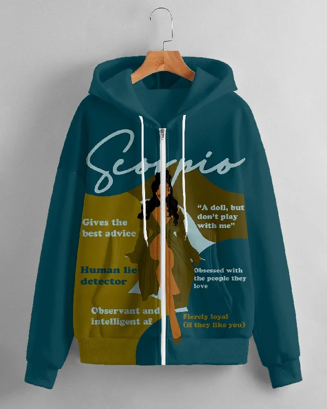 Free And Casual Women's Fashion Daily Black Scorpio Women Print Long Sleeve Zipper Hoodie