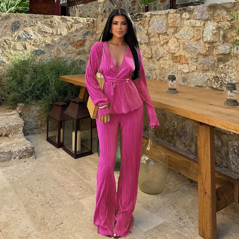 Classic Style Casual V Neck Long Sleeves Tops and Pants Two Pieces Suits