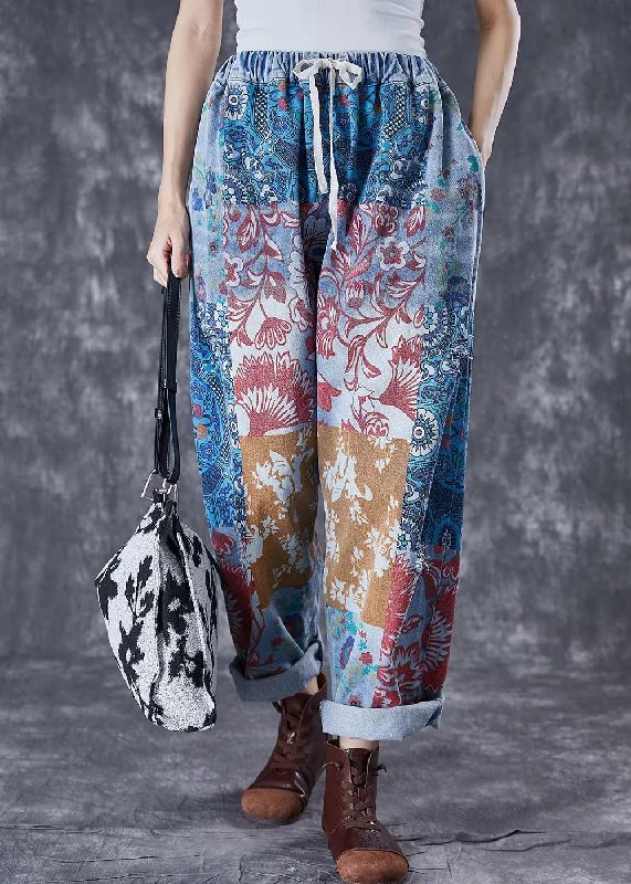 Modern City Women Blue Oversized Print Denim Harem Pants Fall