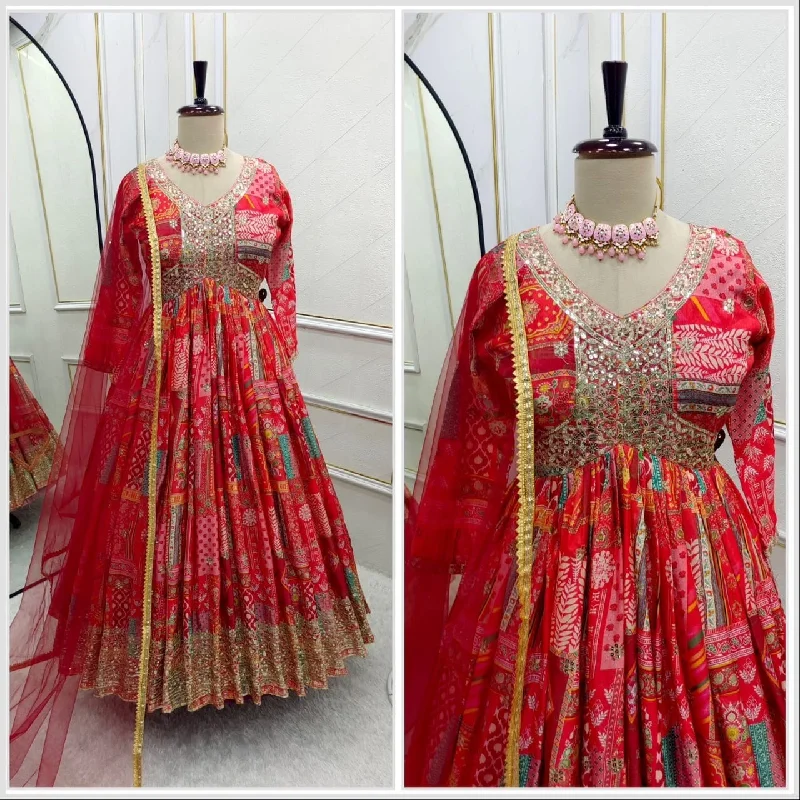 Red Chinnon Silk Aliya Cut Designer Anarkali Suit