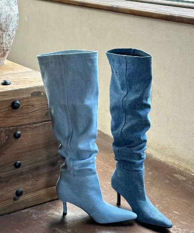 Design And Tailoring Stylish Light Blue Denim Boots Splicing Stiletto Heels Pointed Toe