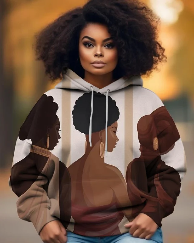 Playful Style Black Girls Cartoon Art Printed Hoodies With Their Backs