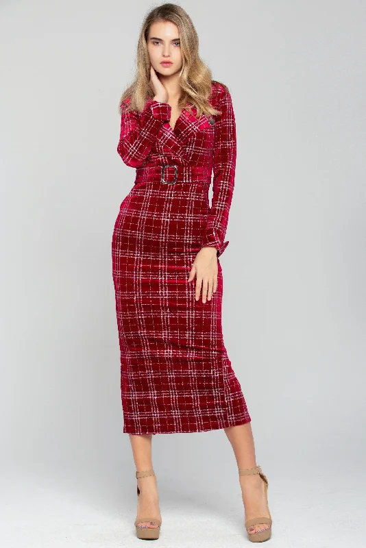 British Fashion Red and White Tartan Print Belted Midi Dress