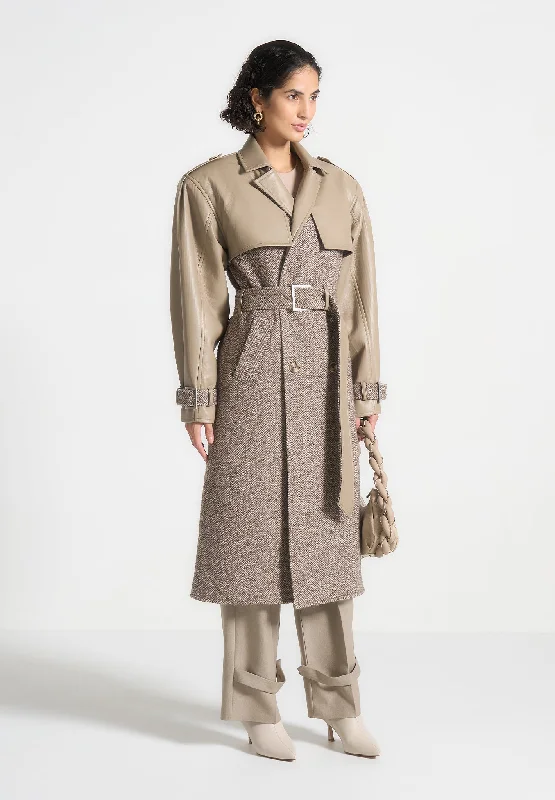 Classic Style Herringbone Wool & Leather Trench Coat - Taupe