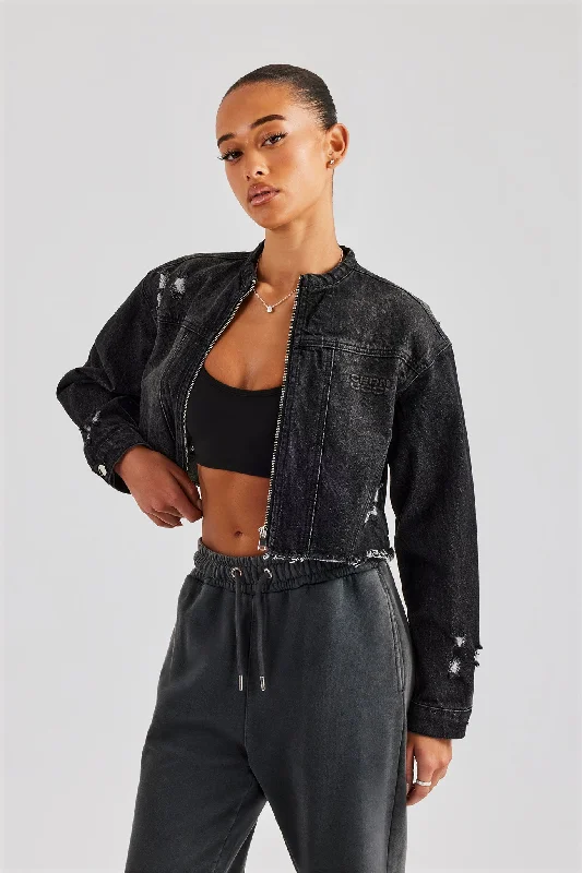 Playful Style Raw Hem Denim Collarless Jacket - Washed Black