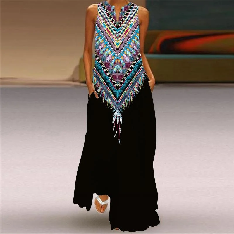 Playful Style Plus Sizes Print Sleeveless Long Dresses