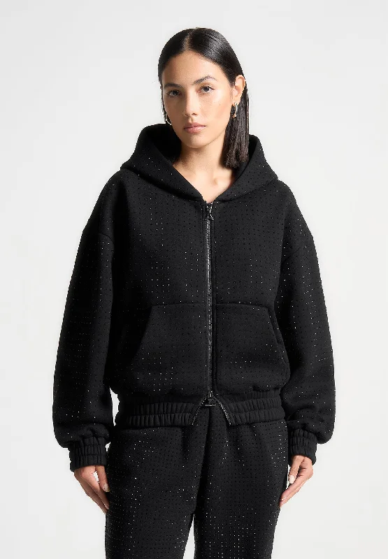Sports Cool Rhinestone Zip Through Hoodie - Black