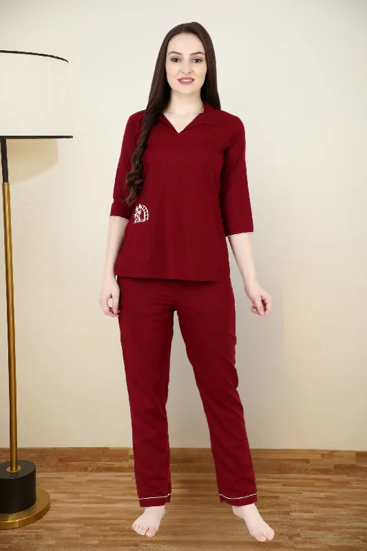 Maroon Cute Cat Night Suit