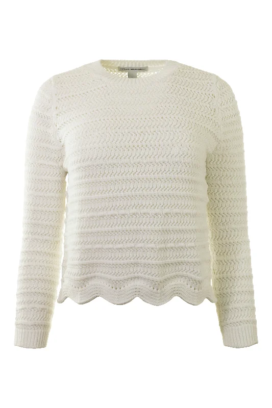 Sports Cool Autumn Cashmere Mesh Crew Sweater w/ Scalloped Edge in Bleach White