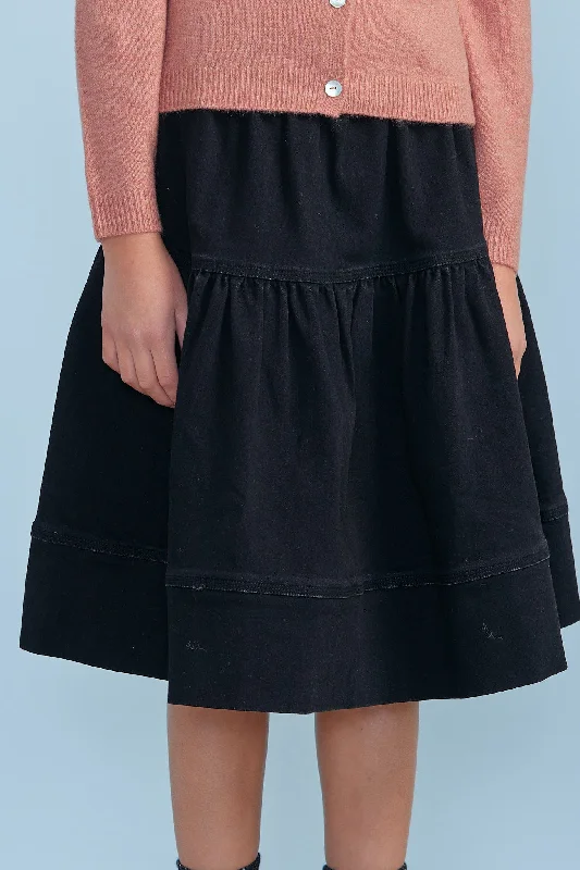 Modern City 8096S-Denim Midi A-Line Skirt-Black