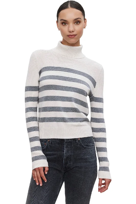 Minimalism Velvet Korie Cashmere Striped Turtleneck Sweater in Chalk - Medium Heather Grey