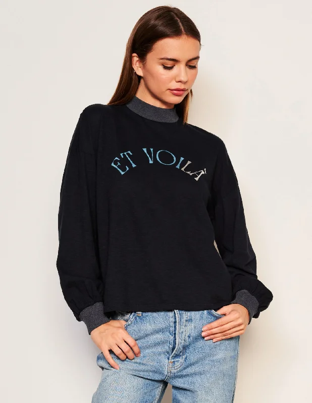 Embroidered Letters Sundry Et Voila Mock Neck Long Sleeve Tee in Deep Navy
